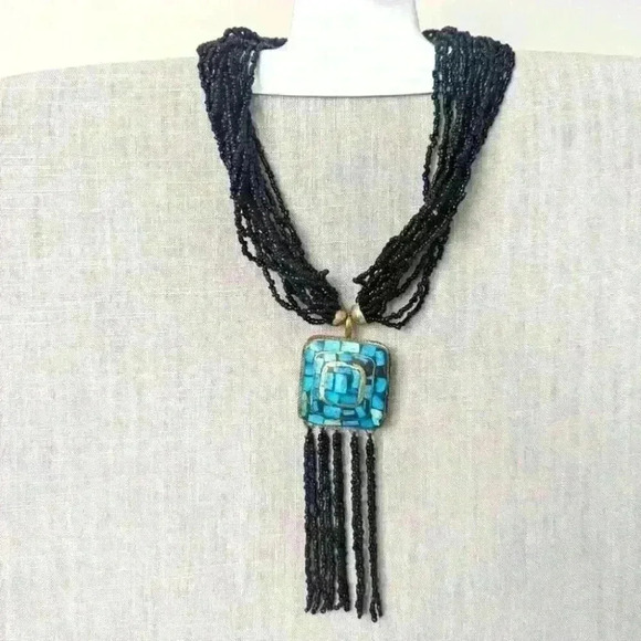 Banana Republic Black Glass Beads Necklace with Aqua Pendant & Bracelet Set- New - Picture 1 of 4